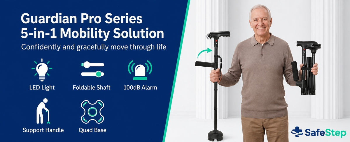 SafeStep 5-in-1 cane: LED light, foldable shaft, 100 dB alarm, support handle and quad base