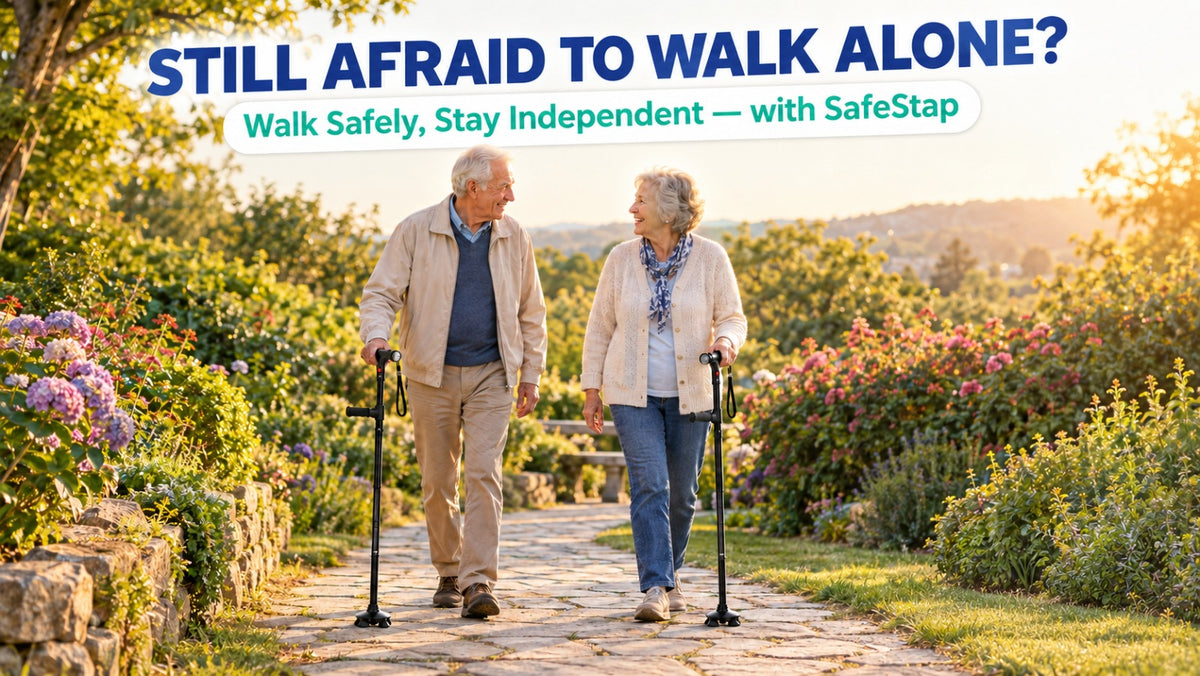 Senior couple walking in a garden with SafeStep canes