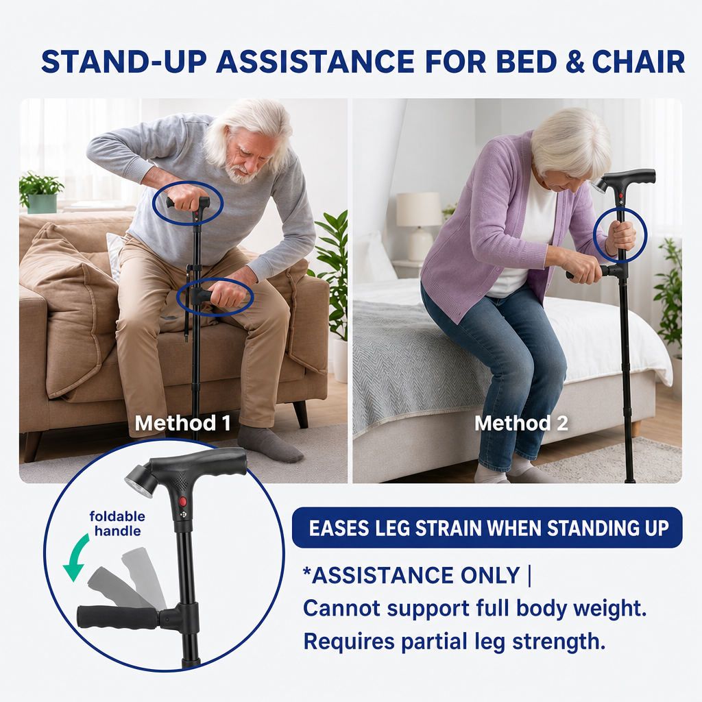 SafeStep second handle helping a senior stand up from a sofa